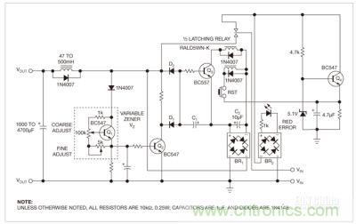 這個保護電路的核心是雙穩鎖存繼電器，防止負載因過壓和錯誤極性而遭損壞