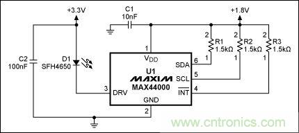 圖2：MAX44000典型電路，帶有發射器旁路