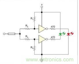在雙門構成的CMOS/TTL兼容探頭中，R1至R4電阻網絡對反相器輸入端做偏置