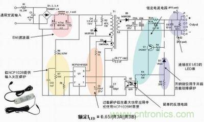 安森美半導體離線式第二代LED驅動器NCP1014/1028的應用示意圖。