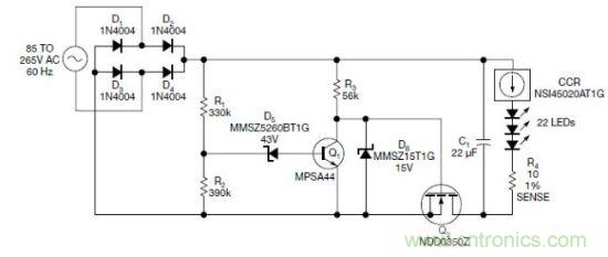 圖1：電路以恒流驅動一串LED，可用于全世界的各種交流電壓