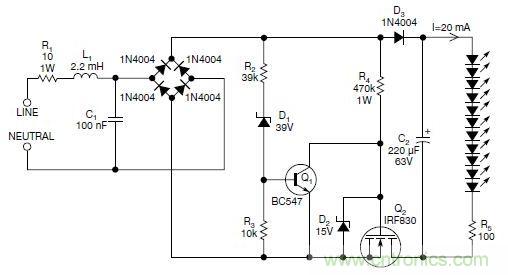 圖2：斬波工作類似圖1中的電路，但以較大的LED串聯電阻代替了恒流源，提供限流功能