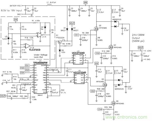 TPS40090 多相降壓控制器的 4 相、300W 升壓電源