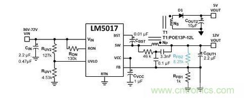 基于 LM5017 的 Fly-Buck 轉換器電路，沒有基于光耦合器的穩壓電路