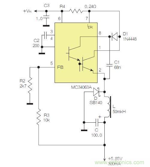 采用降壓配置中廣為使用的MC33063/MC34063的一個示例。