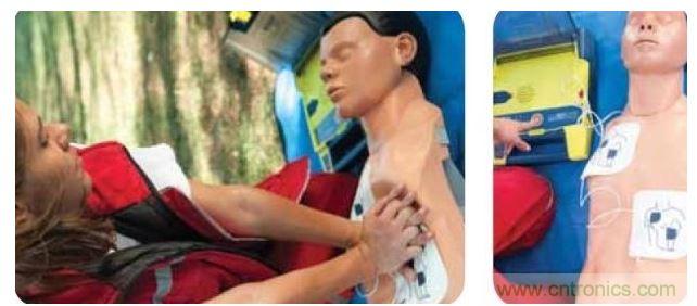 胸部按壓CPR(左圖)迫使血液循環，為大腦及其它生命器官供血，直到AED重啟心臟(右圖)。