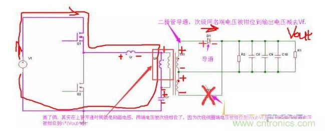 上管開通，注意諧振電感、勵磁電感、諧振電容的正負