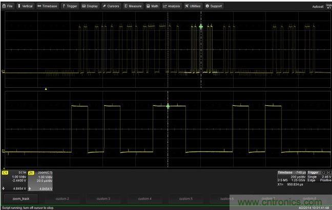 使用CustomDSO運行VB腳本“zoom_Track.lss”。當腳本運行時，縮放波形的中心將跟蹤水平的光標絕對位置。從圖中可以看出，光標將永遠位于縮放波形Z1的中心