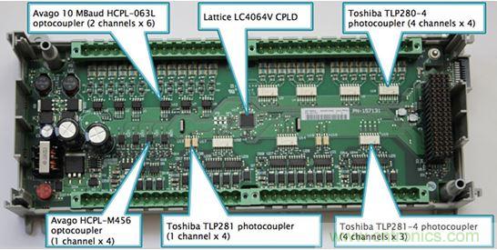 圖2：Rockwell選擇光耦作為Micro850 PLC的數字I/O電路板上的設備輸入和輸出端的核心隔離策略。