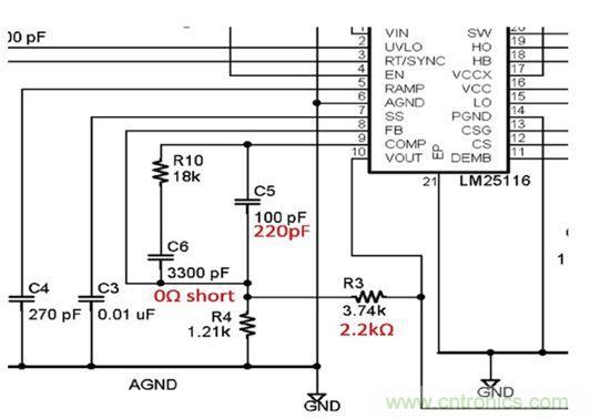 圖4：評估板部分原理圖顯示必須調整分壓器(R3和R4)將輸出電壓從5V改變到3.3V。另外還有其它多處改變。
