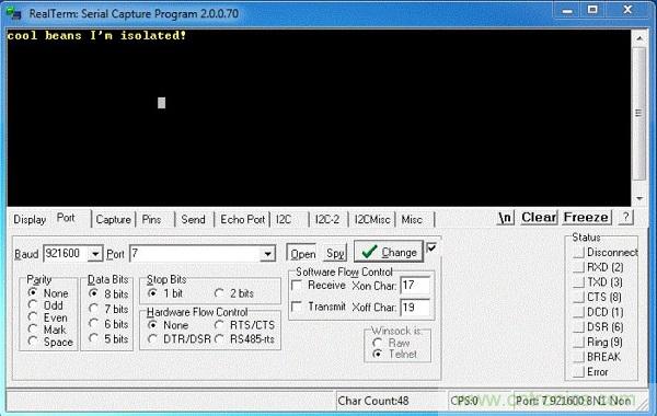  圖6：隔離型USB-to-UART轉換器的環回測試。