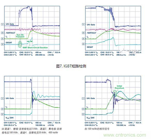 過流關斷時序延遲（通道1：柵極-發射極電壓10 V/div；通道2：來自 控制器的PWM信號5 V/div；通道3：低電平有效跳變信號5 V/div；100 ns/div）