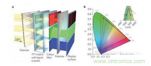  LCD顯示器示意圖。TFT表示薄膜晶體管（thin-film transistor）。