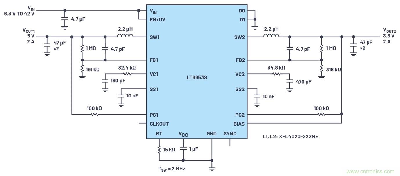 具有6.2 µA靜態電流的雙通道、42 V、2 A、單片、同步降壓型Silent Switcher 2穩壓器
