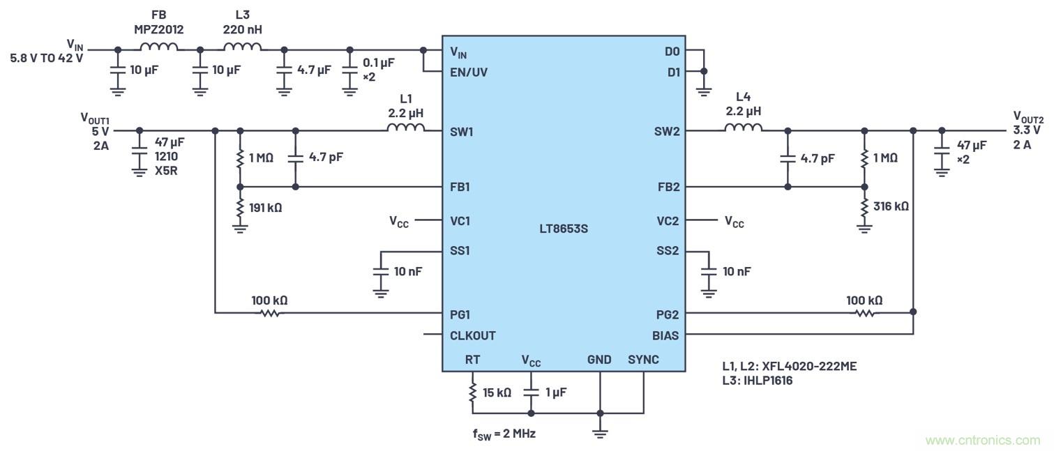 具有6.2 µA靜態電流的雙通道、42 V、2 A、單片、同步降壓型Silent Switcher 2穩壓器