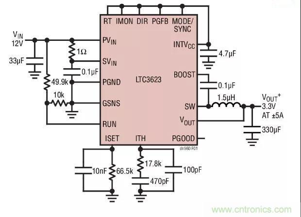高效率、15V 軌至軌輸出同步降壓型穩壓器能提供或吸收 5A