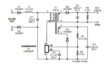 LinkSwitch-LP 系列旨在取代手機/無繩電話、PDA、數碼相機和便攜式音頻播放器等應用中輸出功率 < 2.5 W 的低效線頻線性變壓器電源。LinkSwitch-LP 還可用作白色家電等應用中的輔助電源。  LinkSwitch-LP 將高壓功率 MOSFET 開關與 ON/OFF 控制器集成在一個設備中。它完全由漏極引腳自供電，具有低 EMI 的抖動開關頻率，并且具有全面的故障保護。自動重啟可限制過載和輸出短路條件下的器件和電路耗散，而遲滯過溫保護會在熱故障期間禁用內部 MOSFET。EcoSmart 技術使設計能夠輕松實現 < 150 mW 的空載功耗，滿足能源效率要求。  LinkSwitch-LP 的設計目的是在輸出功率低于 2.5 W 時無需初級側鉗位電路，從而顯著減少組件數量和總系統成本。圖 1 顯示了基于 LinkSwitch-LP 的 2 W 電源，不帶初級側鉗位。LinkSwitch-LP 系列經過優化，當變壓器上的輔助或偏置繞組提供反饋時，可提供近似的 CV/CC 輸出特性。這非常適合取代工頻變壓器的應用，提供兼容的輸出特性，但過載、短路電流和輸入線電壓變化較小。  　  在無鉗位設計中使用 LinkSwitch-LP 的基本電路原理圖。  快速開始  　 LinkSwitch-LP 反激式設計流程圖