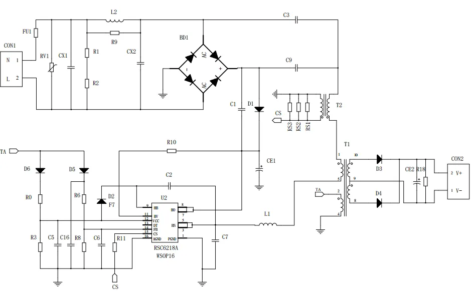 一、LED驅動模塊RSC6218A REASUNOS(瑞森半導體)通過持續投入研發，提升LLC應用技術，集成控制芯片與功率轉換，成功推出新一代產品RSC6218A WSOP-16，延續瑞森LLC拓撲方案，時機趨勢完全迎合我國雙碳政策，電氣特性契合新版國標GB/T 17625.1-2022和歐盟新版ERP認證EU2019/2020雙重法規，專為中小功率的產品提供優秀的方案；接下來會分幾個篇章持續介紹新方案產品的應用資料和設計實例分享：  RSC6218A功率模塊內部集成CS-CP-LLC電源半橋模塊和功率轉換模塊，延續瑞森主題設計方向單級實現高PF無頻閃技術和LLC諧振軟開關技術方案：該型號適用于5-18W功率段；具備高轉換效率(90%+)，高PF(>0.96)，低THD(<10%)，小型化(縮小PCB面積10-25%)，通過優化產品內部設計提升產品內部功率器件的開啟與關閉性能，避免干擾發生，最高工作頻率達200KHZ，實現WSOP-16封裝兼顧散熱與小型化；并且內部可自動設置死區時間，讓方案可靠易設計。 產品可廣泛應用于： 1.護眼系列燈具：如教室燈、辦公燈、護眼臺燈、壁燈、閱覽室燈等； 2.家居類燈具：如客廳燈、臥室燈、兒童房燈、廚房燈、走廊燈等； 3.軌道類燈具：地鐵照明、高鐵照明、隧道照明、車站照明等； 4.商照類燈具：筒燈、射燈、投射燈、 亮化燈、防爆燈等； 方案起到提供高效，穩定，長壽命的作用。 二、產品功能框架  三、IC各PIN腳功能說明  PIN1 PGND 功率地，內部是連接低邊MOS的S端地線； PIN2  NC  PIN3  HS 半橋MOS低邊漏極PIN； PIN4  HS 半橋MOS低邊漏極PIN； PIN5  HS 半橋MOS高邊源極PIN； PIN6  HS 半橋MOS高邊源極PIN； PIN7  NC  PIN8  HO 半橋MO高邊漏極； PIN9  HO 半橋MOS高邊漏極； PIN10 HB 半橋驅動高邊電源，通過外置的一個二極管與電容組成自舉回路，為高邊 MOS 的開啟提供電平； PIN11 VIN 高壓啟動的輸入腳，最高耐壓可達DC600V，啟動電流在1.7mA，一般應用是從高壓電解處串接一個1206100K電阻引到PIN1，在整個環路還未建立起來時，是靠這個引腳的供電通過內部連接到PIN6VCC，然后把VCC電容慢慢充電到芯片的啟動電壓后，芯片開始工作。整個環路建立起來后，VIN腳內部關斷，VCC 通過外部變壓器輔助繞組供電維持正常工作； PIN12  VCC 信號電源引腳， 工作電壓范圍 8-20V，工作電流在 0.8mA，靜態工作電流是 720uA； PIN13  NC DT懸空腳； PIN14 FB  電壓反饋輸入，VFB中心值是1.2V，該引腳的功能主要是限定空載電壓的最大幅度，該芯片空載保護屬于打嗝模式，可以有效降低空載損耗，能效要求輕松符合小于0.5W的要求； PIN15  CS 電流采樣正弦波信號輸入該PIN腳是通過線路中的互感電感采樣得到全波的正弦波信號， 通過電阻轉換為電壓信號后，輸入到CS PIN腳， 內部連接到壓控振蕩器，根據輸入進來的電壓幅值大小，以及正弦波的頻率，壓控振蕩器輸出對應的方波來控制LG與HG端的MOS開關頻率，實現恒流調節控制； PIN16  AGND 信號地參考電平，主要連接 VCC，FB 對應 PIN 腳的元件地線。 四、關鍵PIN腳參數設定范圍  五、典型應用原理圖  關注瑞森半導體公眾號，接下來持續分享具體案例的設計參考文檔，攜手各伙伴們實現新版國標GB/T17625.1-2022的順利達標，為工程師縮短開發周期，讓工廠端得到滿意的產品，給客戶一個滿意的答卷，得到需要的利潤空間。
